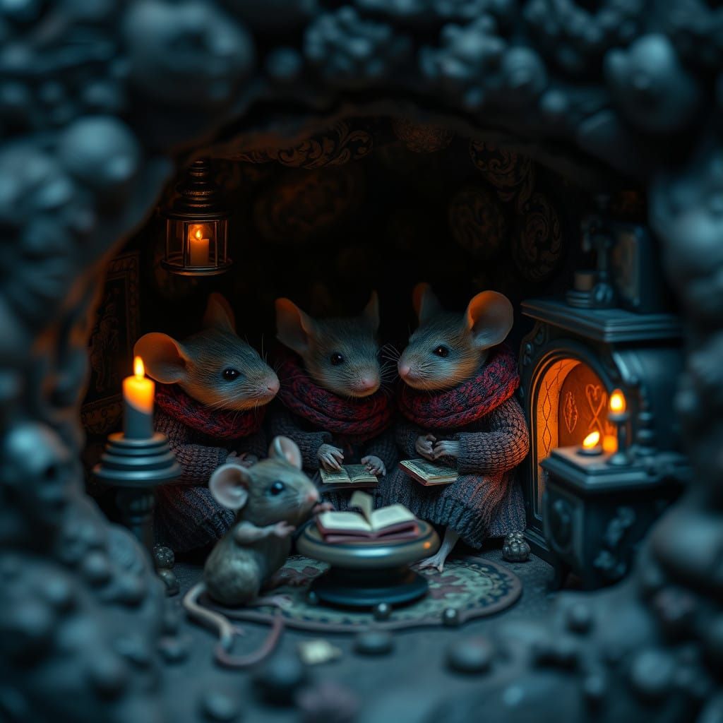 A cozy family of mice resides in their tiny, cozy burrow, complete with mouse-sized furniture. H.R. Giger ...  by @AI