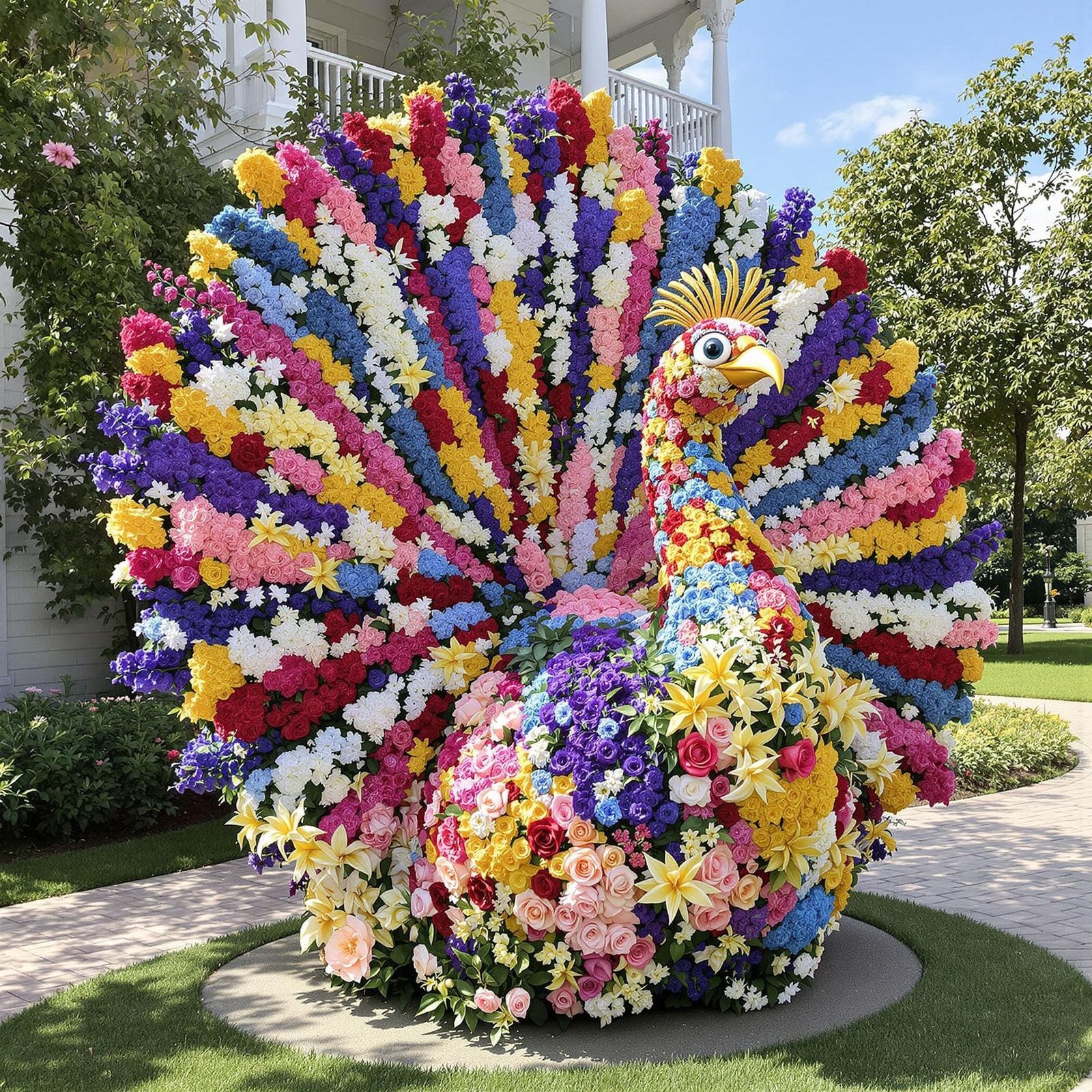 Une magnifique sculpture en forme de paon déployant ses plumes, entièrement composée de fleurs colorées ...  by @Sergio IA