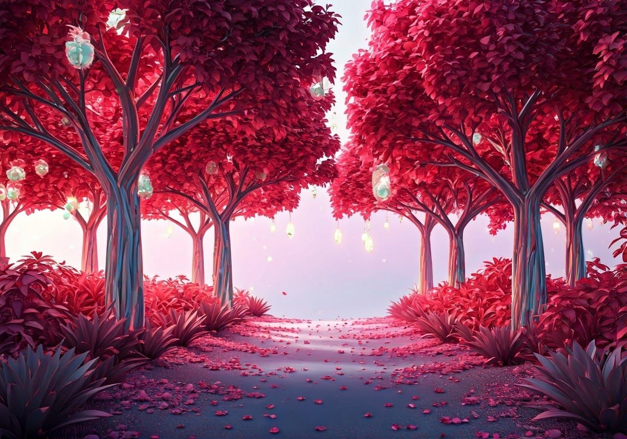 A whimsical pink forest, with trees adorned in delicate pink...