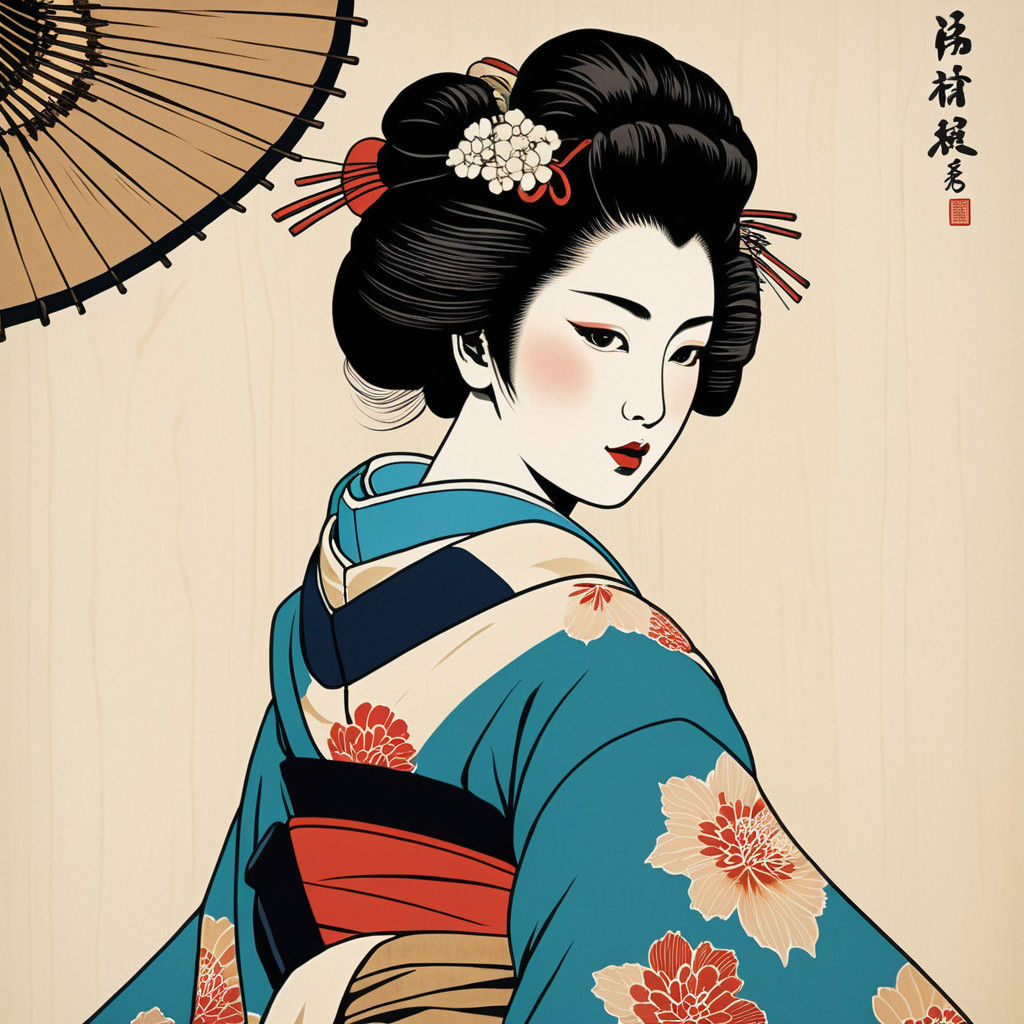 Geisha full color (Hokusai style)