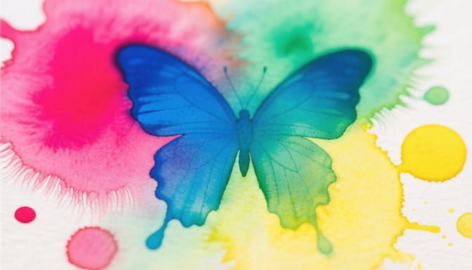 An abstract macro photograph of watercolor paint drops in a cluster, forming the suggestive shapes of butterfly wings. 
