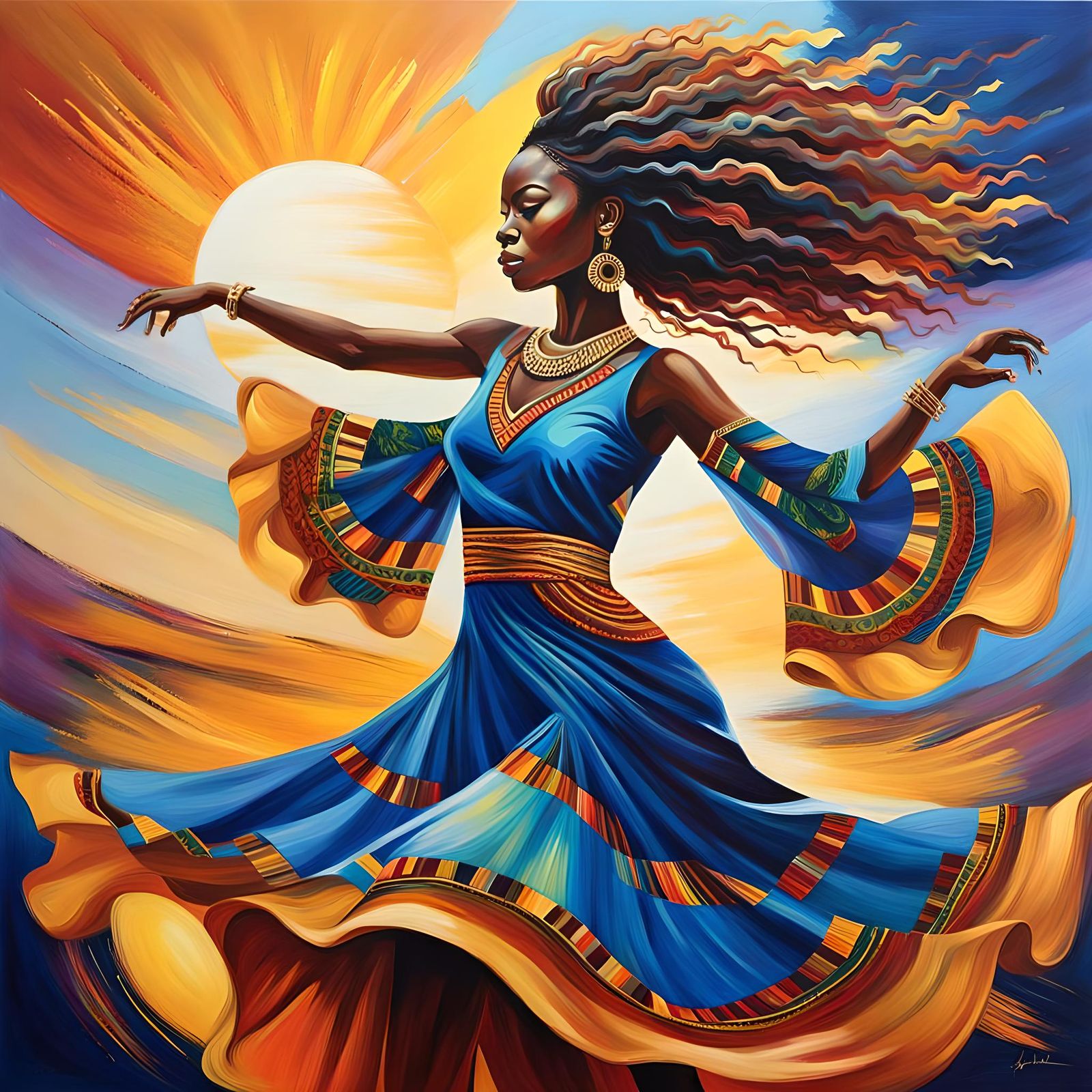 A beautiful African woman dancing to the rhythm with hair an...