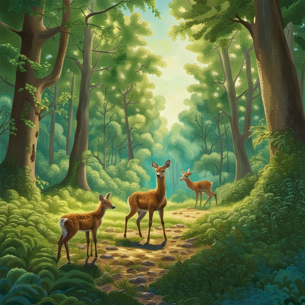 large green forest clearing with deer and fawn under a blue ...
