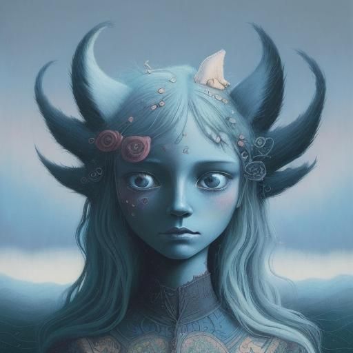 A dreamlike woman-cat in art brut style by Andy Kehoe, Benja...