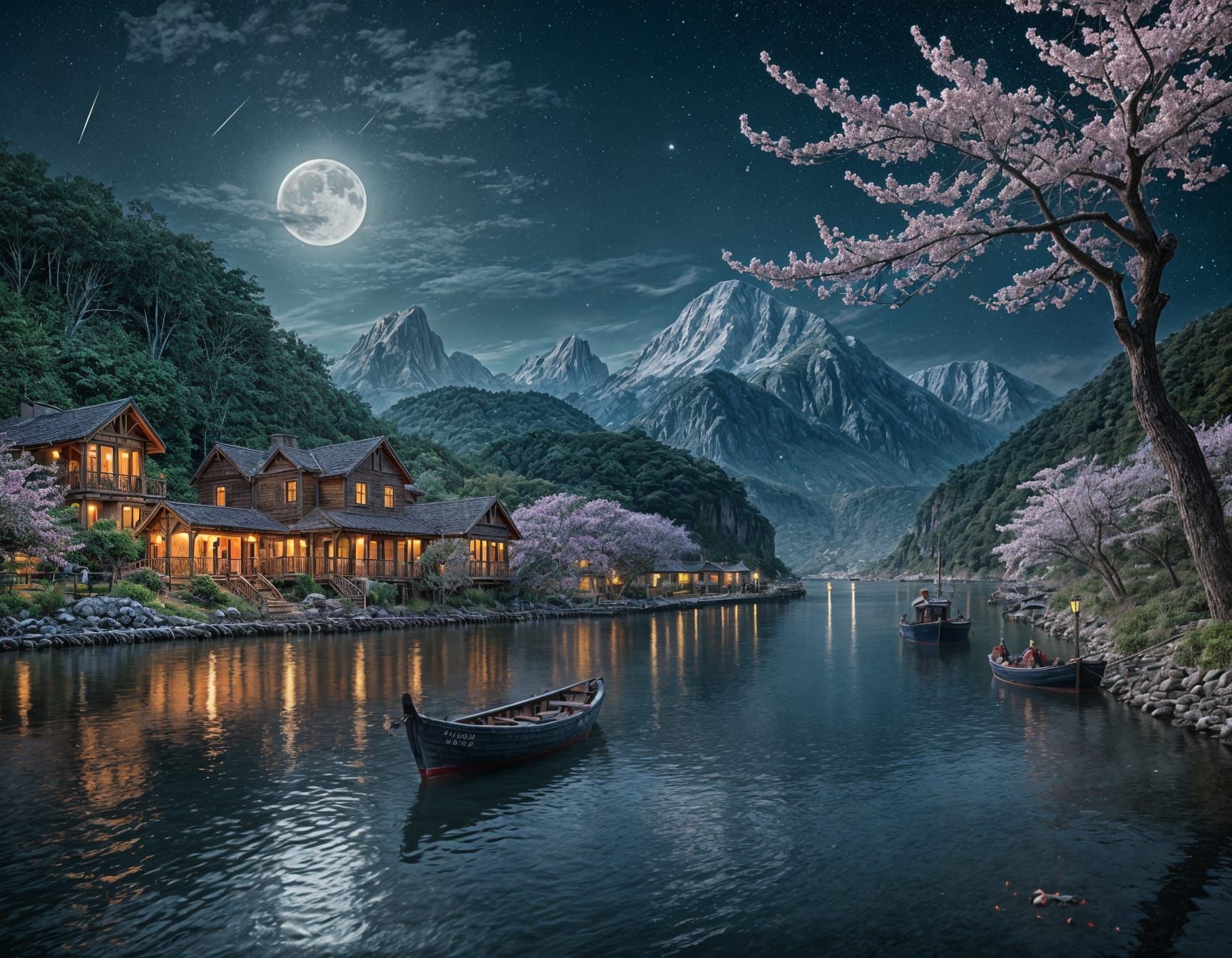 "A dramatic and fantastical nightscape, dominated by a colossal and detailed moon filling the sky, bisected by a warm orange light on the le...