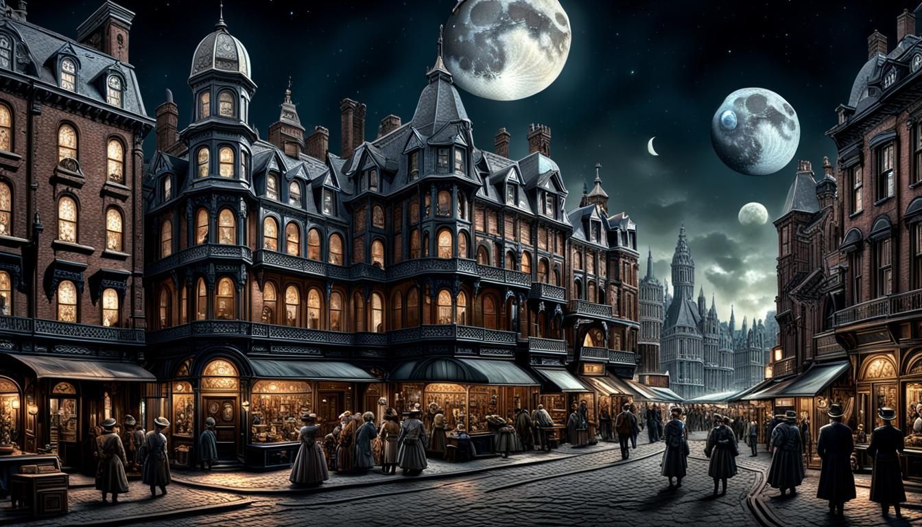 a busy victorian city on the moon