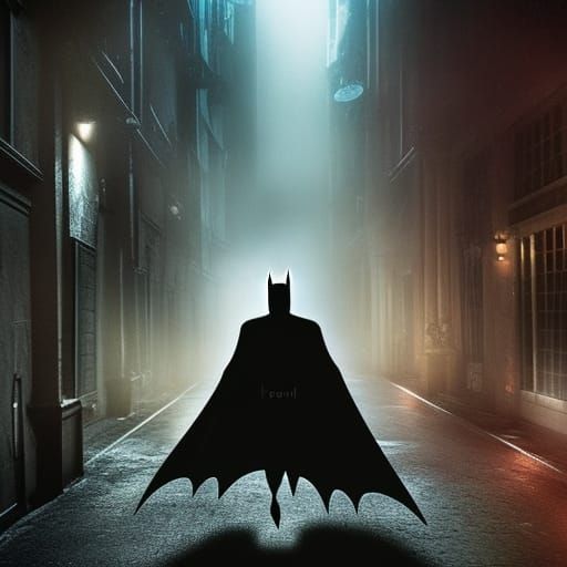 Batman running down an alleyway. Creepy, glowing, misty
