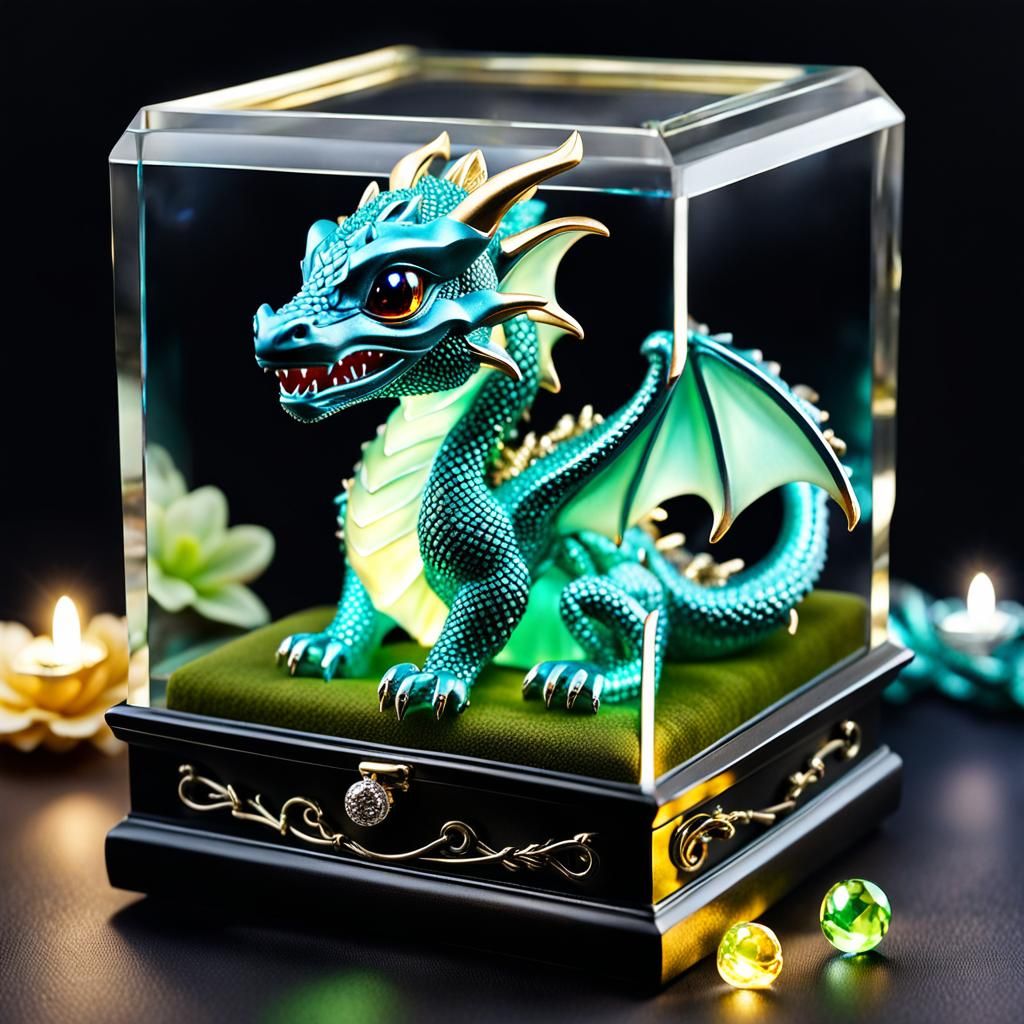 A cute miniature baby dragon sitting in a glass jewelry box ...
