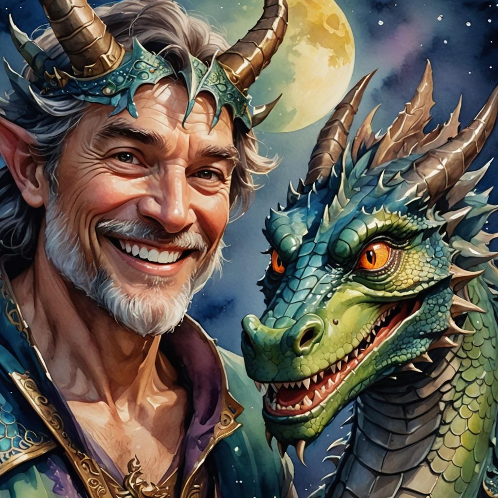 Closeup watercolour cartoon picture of one happy dragonking and his