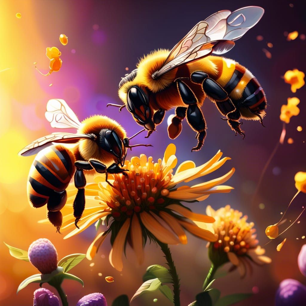 two bees dancing on a flower drenched in sunlight, beehives in the background, hyperrealistic, splash ...  by @qu