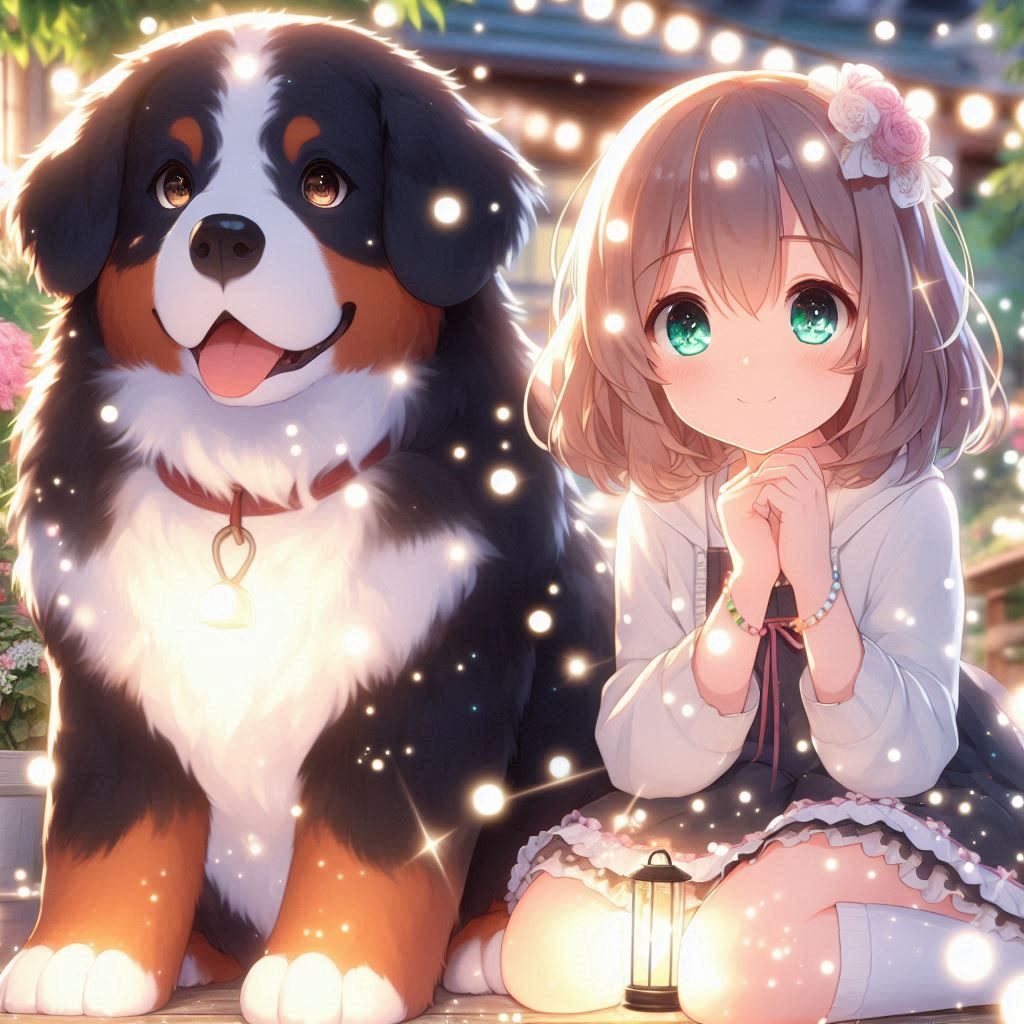anime girl and bernese mountaindog
