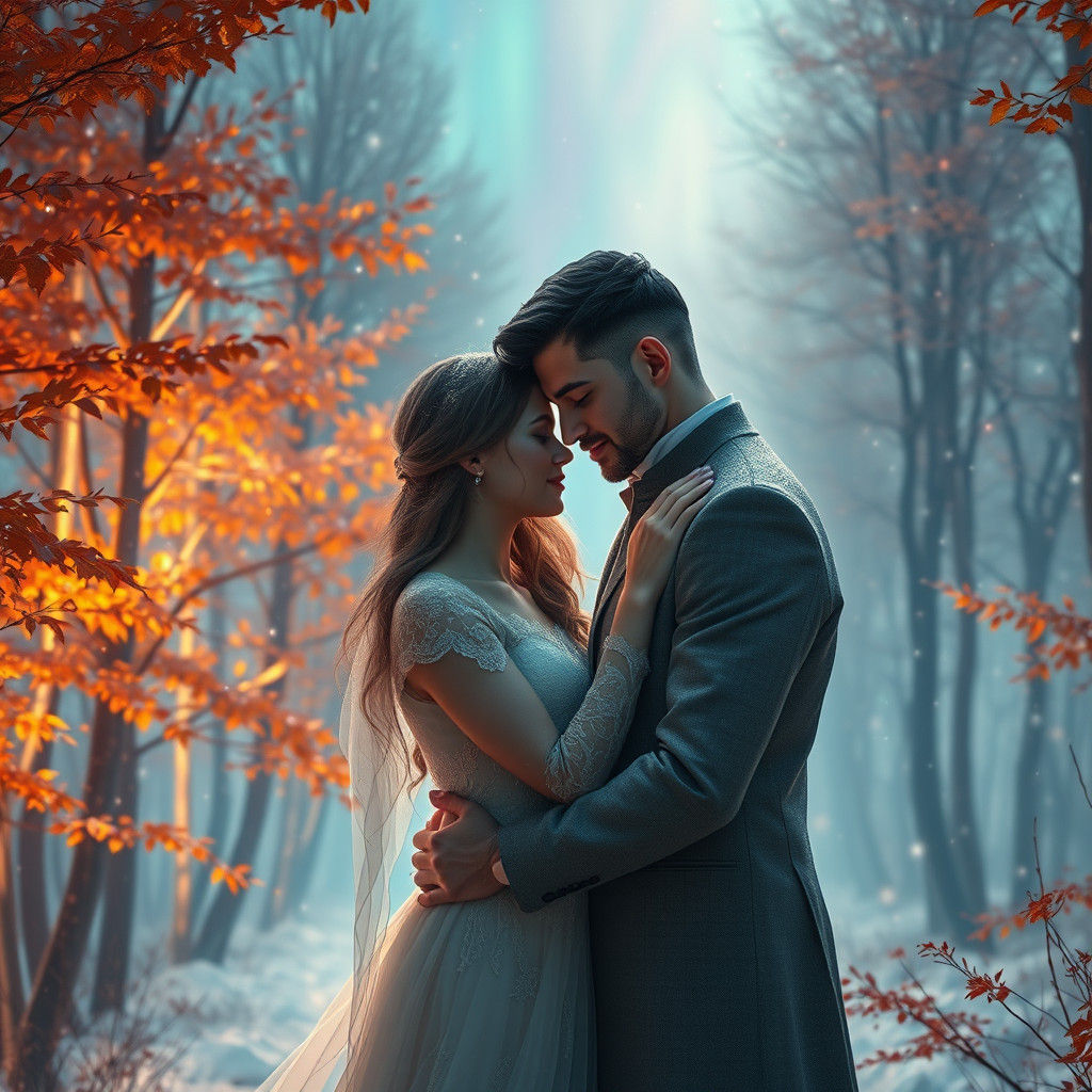 Ethereal Couple in Autumnal Aurora Forest