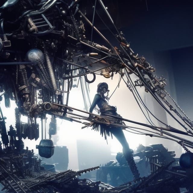 Metal Girl Sketch in Junkyard, Detailed Art
