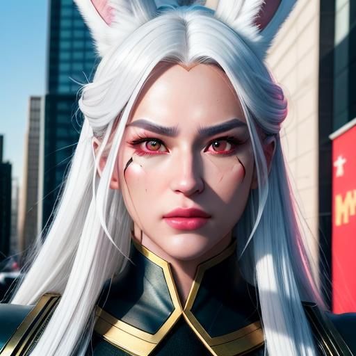 Ultra Photorealistic white haired real world live action style photograph style as live action cinematic film movie style white skin mirko f...