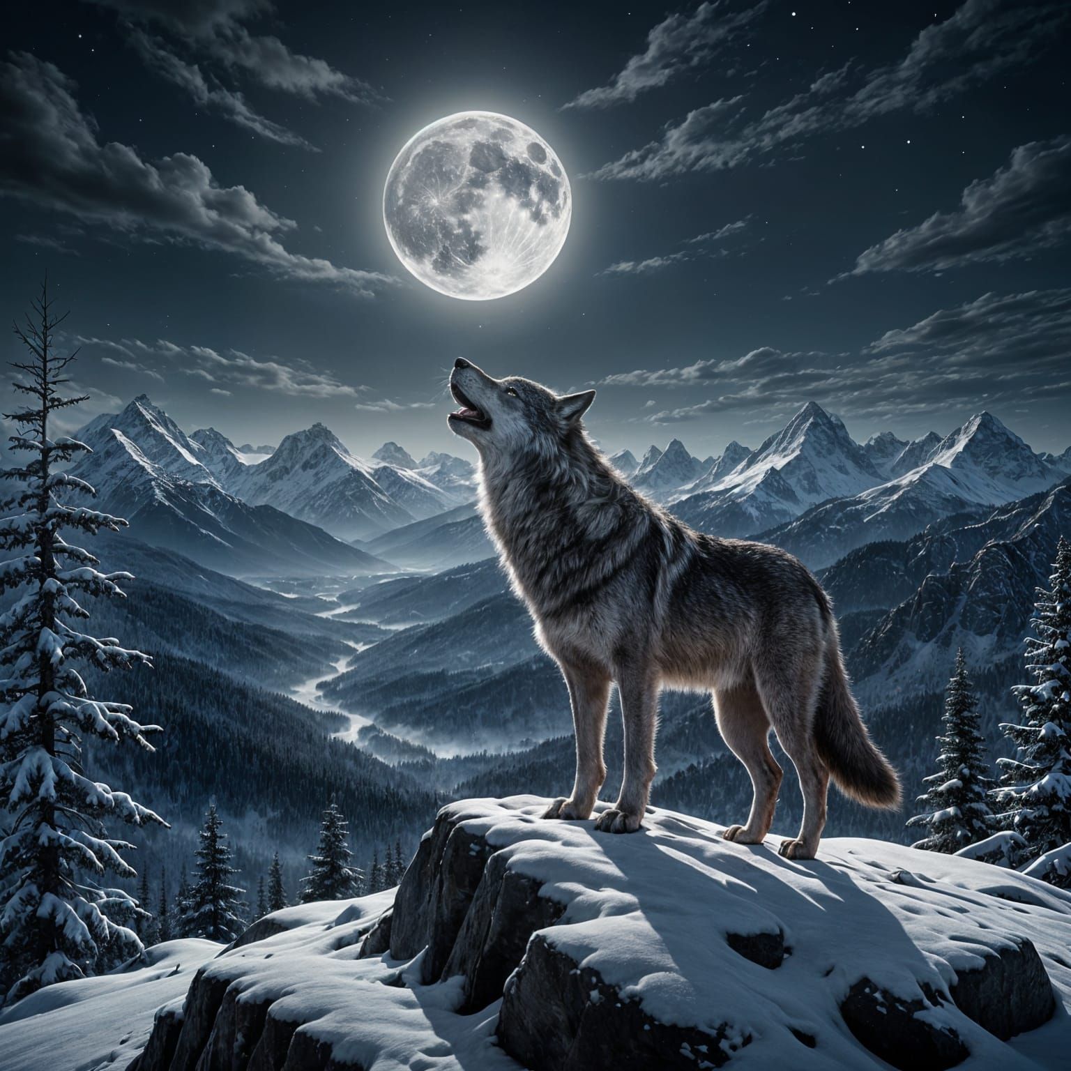 A lone wolf standing atop a snow-covered ridge, howling at the full moon. The moonlight casts a silvery ...  by @Lady Sphene