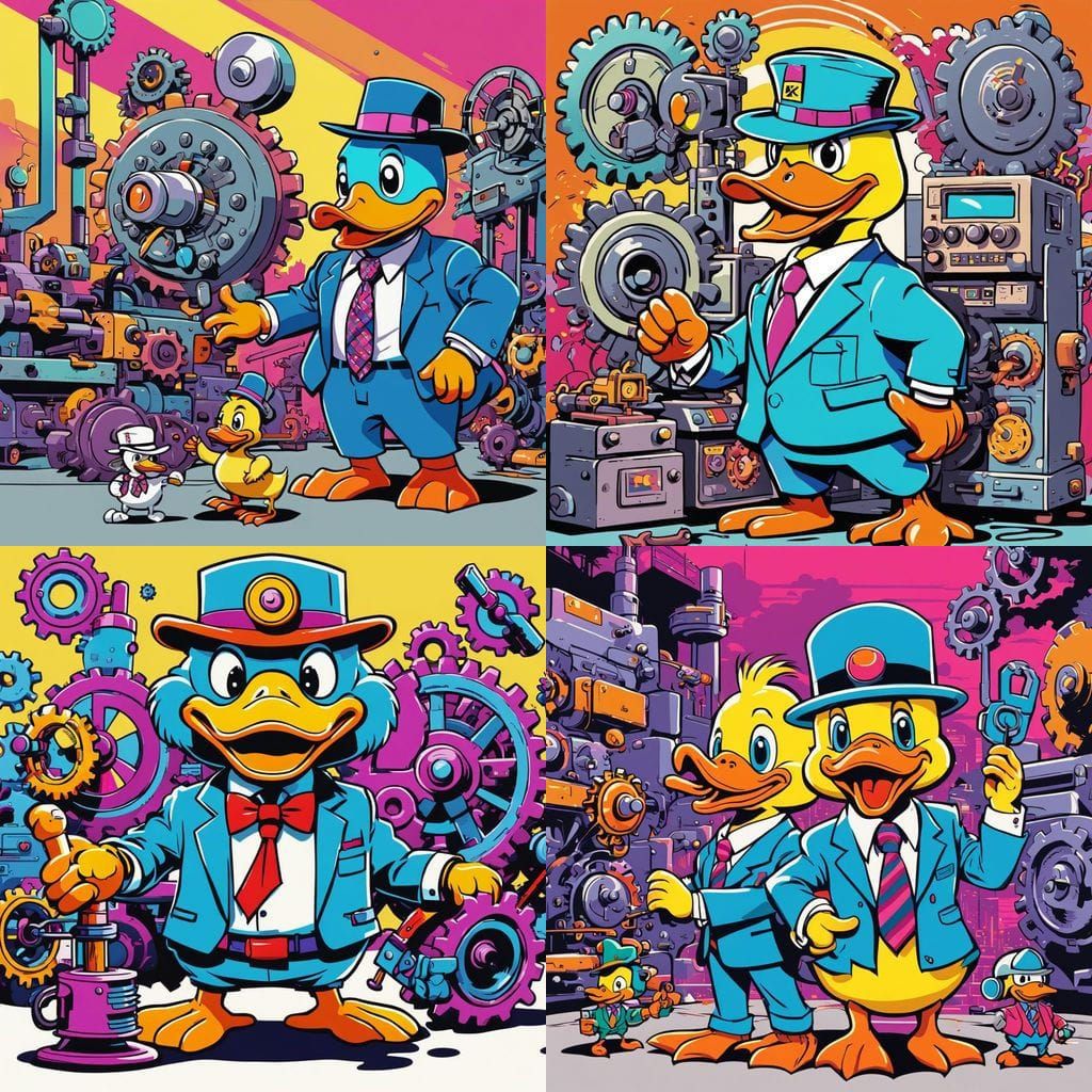 80s Saturday morning cartoon style, anthropomorphic duck boss wearing a tie and hat, and a puppy worker pulling a large ...