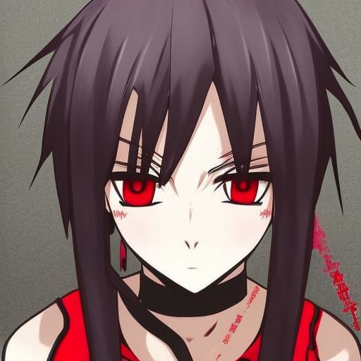 anime girl with Red and black sideswept spiky short hair, re...