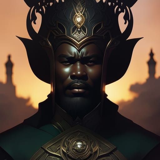 Handsome muscular Black man in full royal regalia, royal cro...