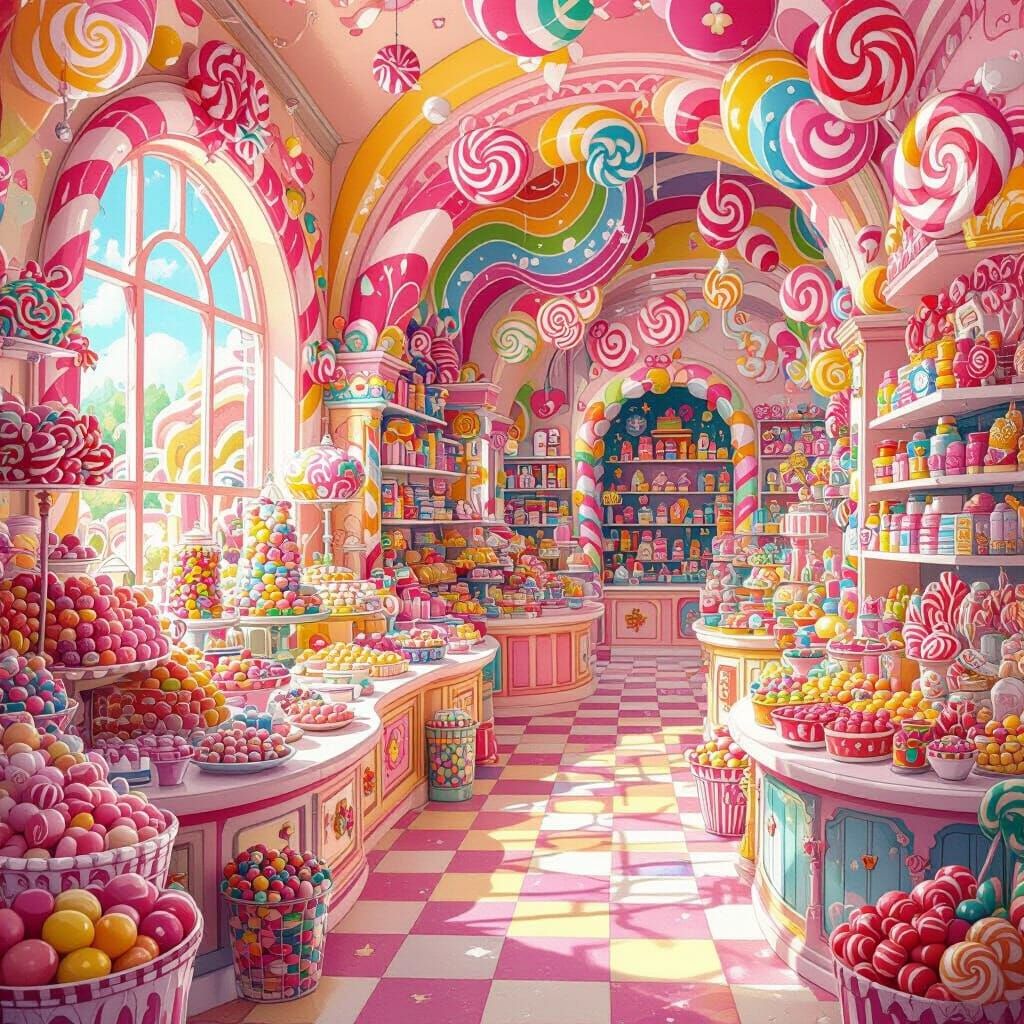 Vibrant Candyland Sweet Shop Overflowing with Treats