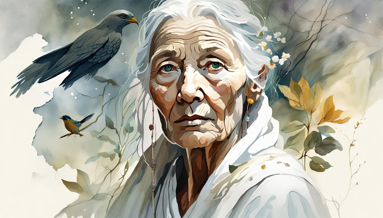 a wise woman whose eyes reflect all the wisdom of the ages o...