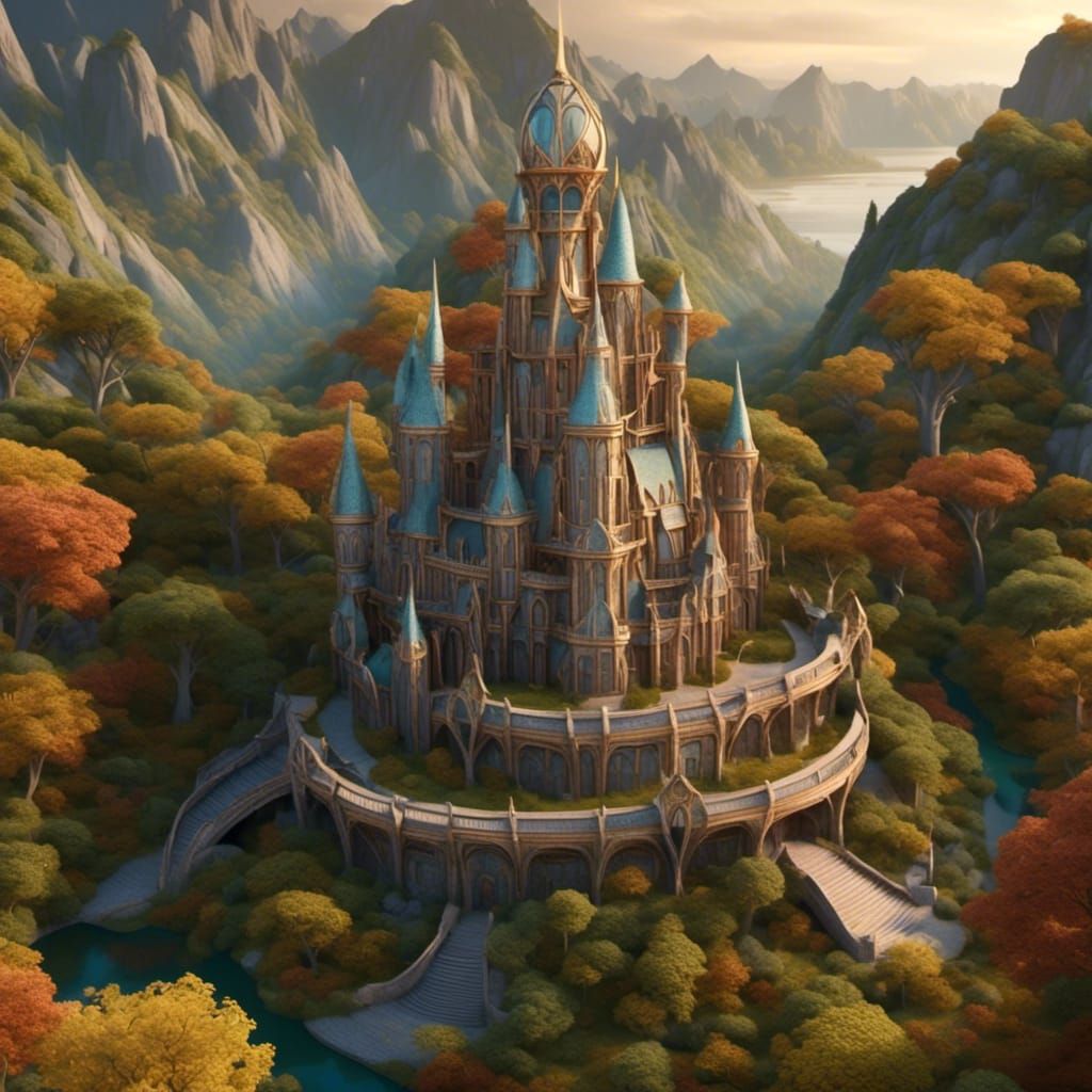 An elven citadel<lora:Steskers Castles:1.0>3D, highly detailed, Art Nouveau