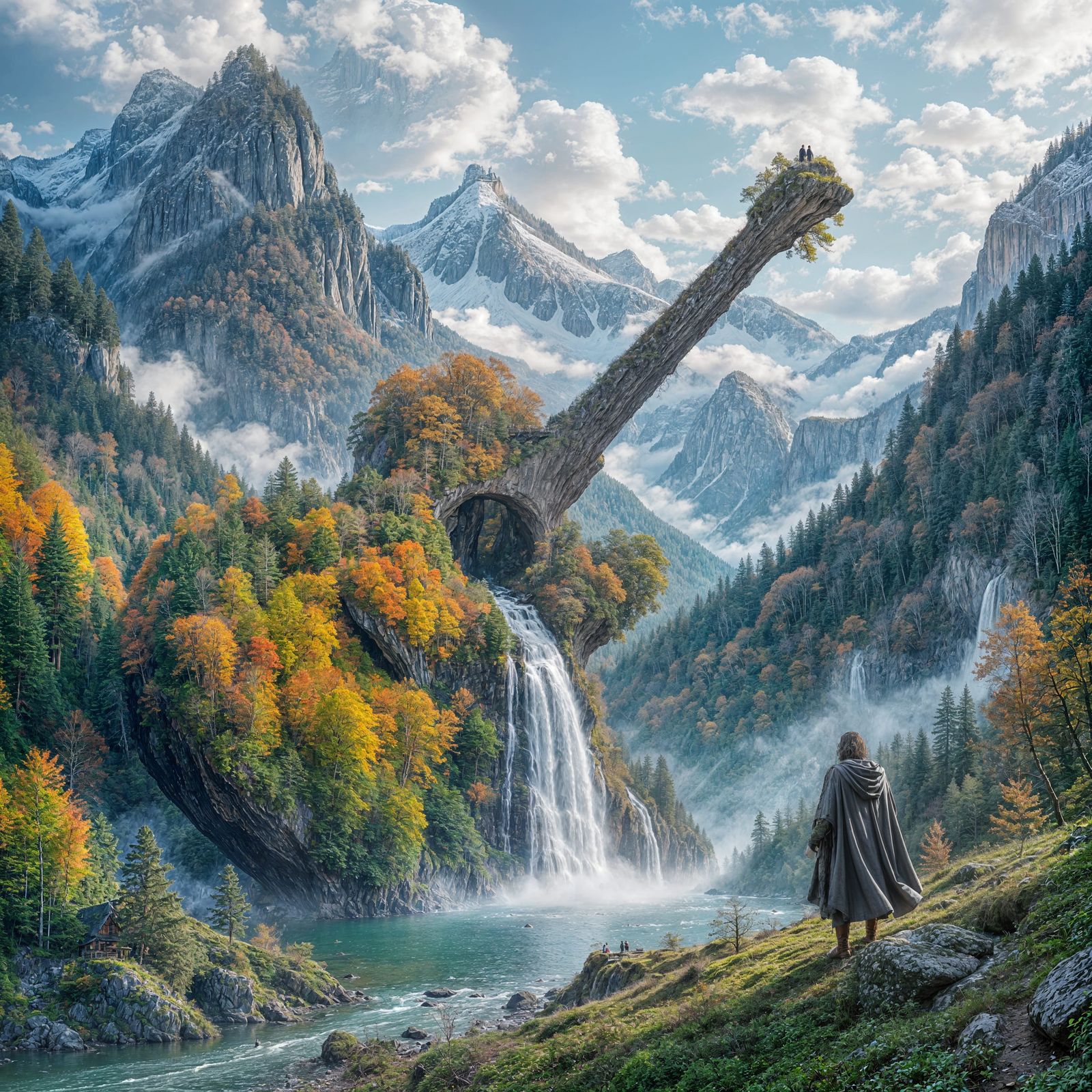 Fantasy Mountain Guitar With Waterfall and Wanderer