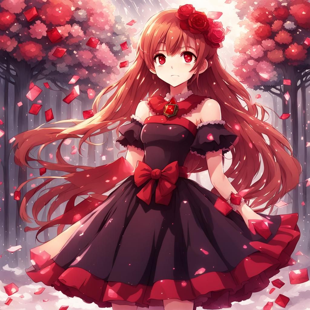 Girl in Ruby Dress: Anime-Inspired Digital Art