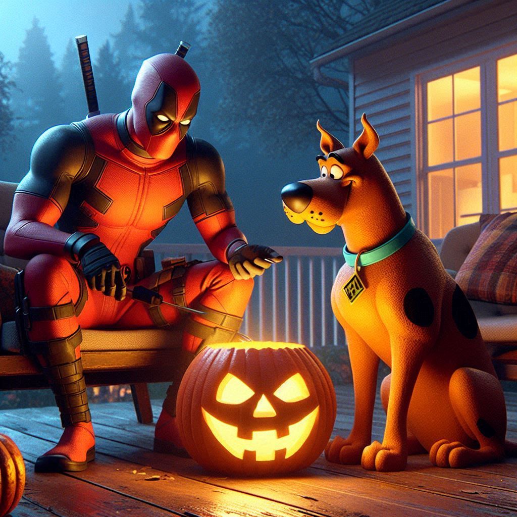 Deadpool and Scooby carve jack-o-lanterns