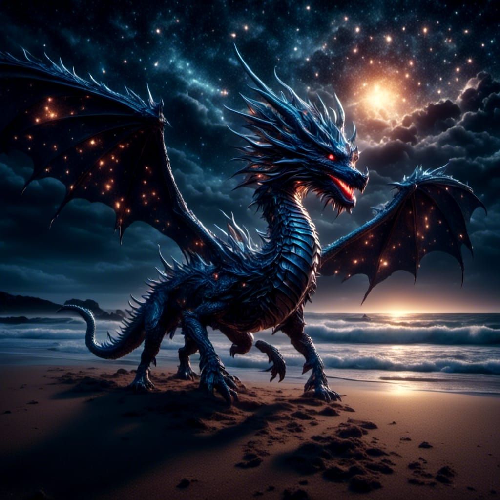 Ethereal Dragon Approaches on Starry Beach