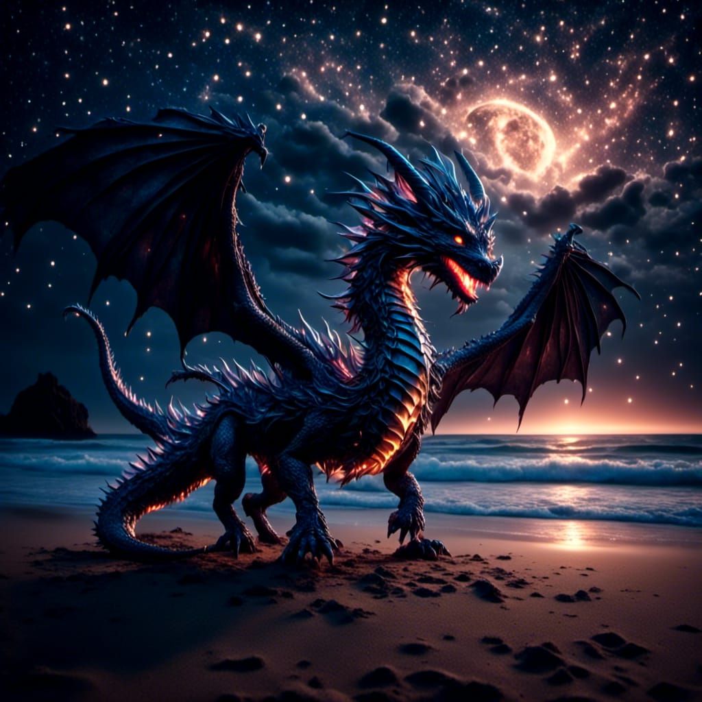 Ethereal Dragon Landing on a Starry Beach