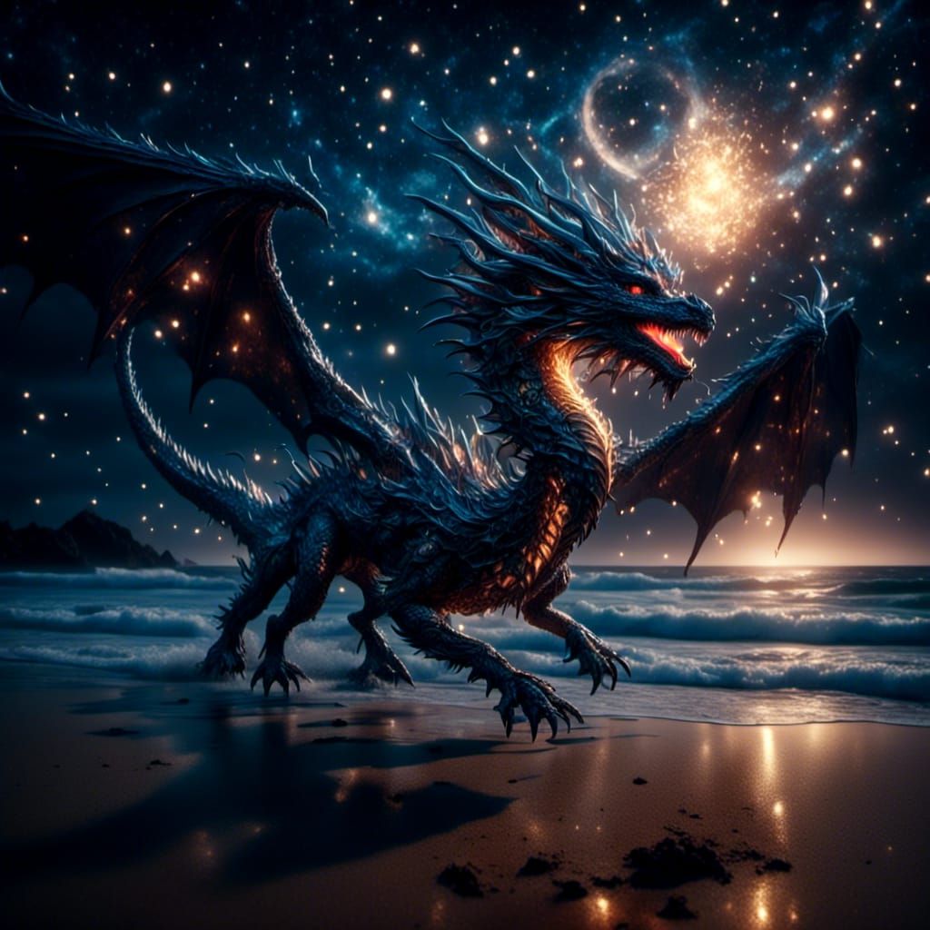 Ethereal Dragon Approaches Beach Under Starry Night