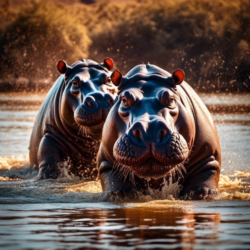 Hippos in a lake in Namibia Hyperrealistic, splash art, concept art,  intricately detailed, color depth, dramatic, colorful,intricate detail...