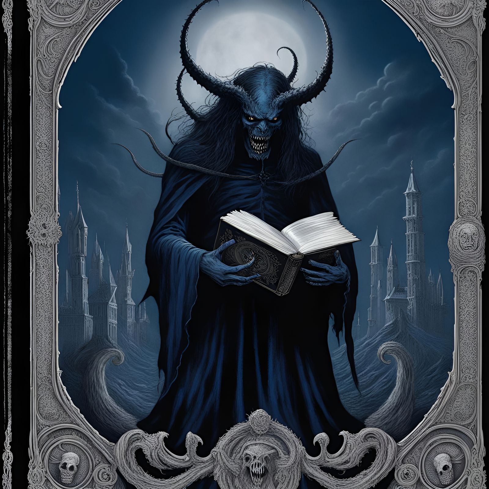 Demon of Book,dark blue,in the style of Eerie Magazine,black...