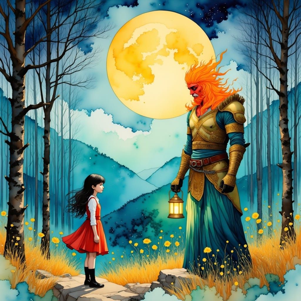 <lora:Dreamy watercolor:1.0> paper girl meet fire man,high details,masterpiece,fantasy,surreal,watercolor,Conrad Roset