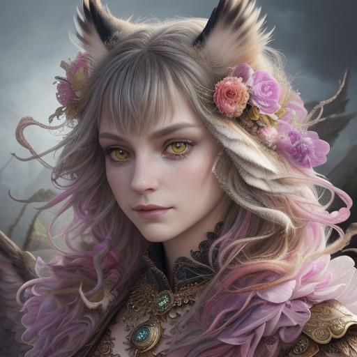Colorful Owl Portrait with Cat Eyes, Detailed Fantasy Art