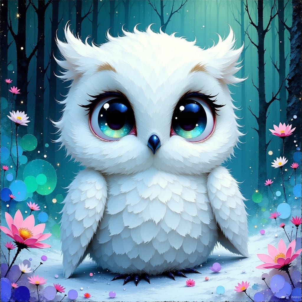 Whimsical Snow Owl in Magical Forest Scene