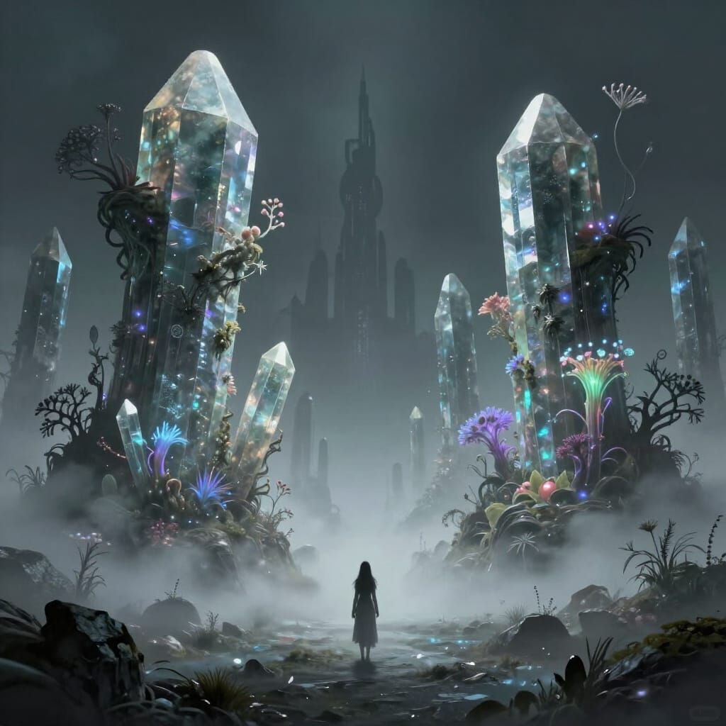 A surreal landscape where giant, crystalline geode formations rise from a sea of iridescent mist. Strange, bioluminescen...