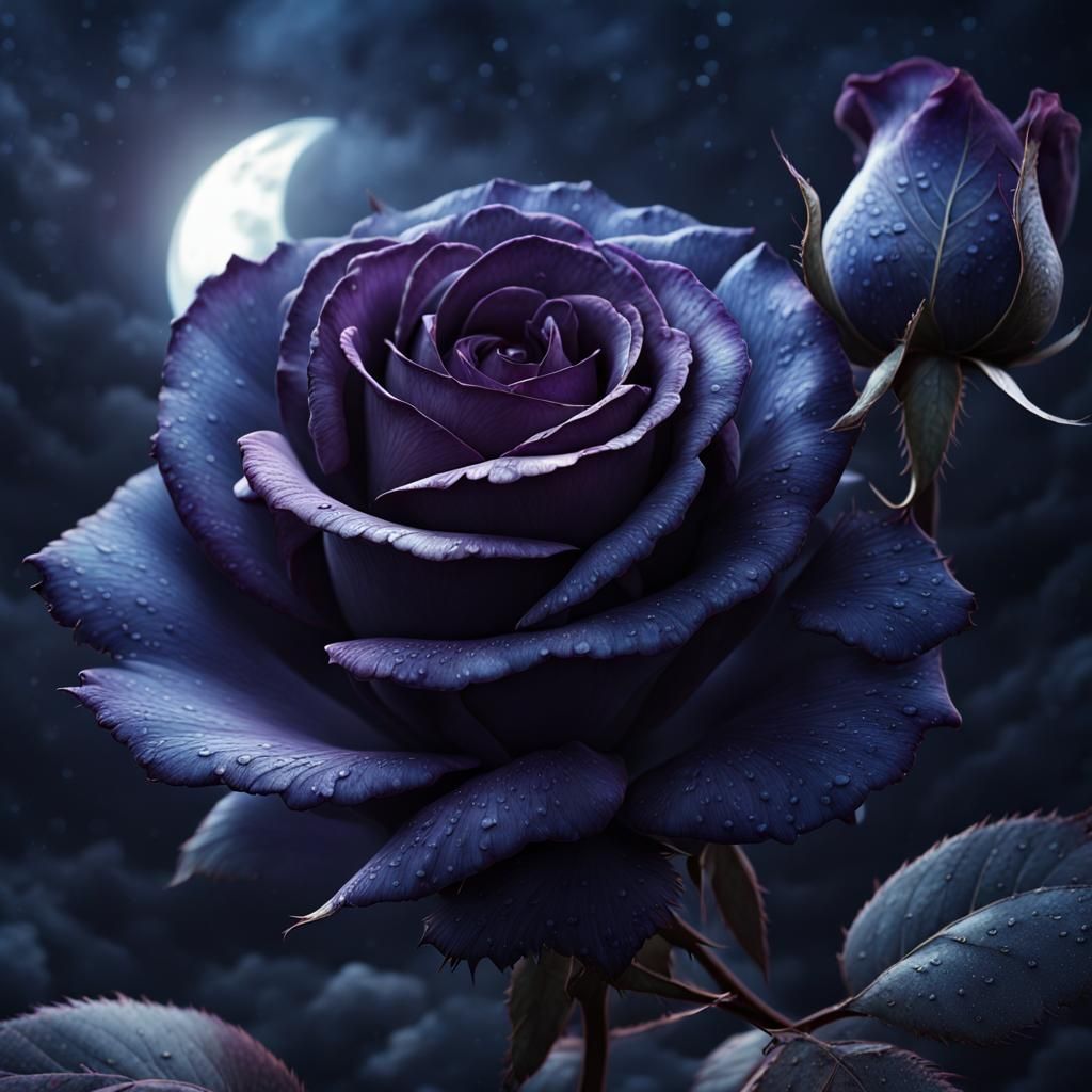 (a dark violet, night-blue rose blossom ) in (soft moonlight) - AI ...