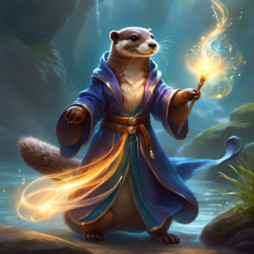 A humanoid otter wizard in enchanting robes, wielding a radiant staff ...