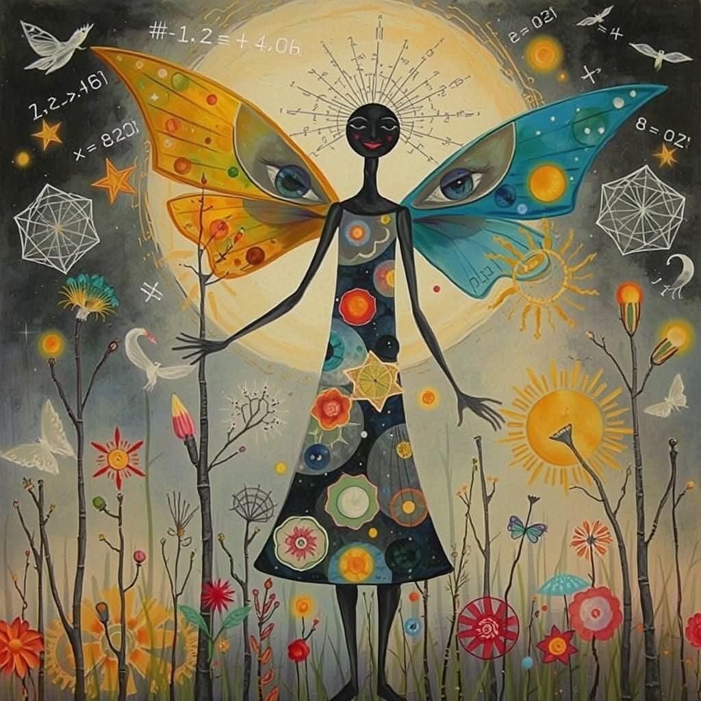 Winged fairies   in a Million Dandelion dreamscape,  making wishes  collaboration Paul Klee and Tim Burton, Picasso's integrated flowing co...