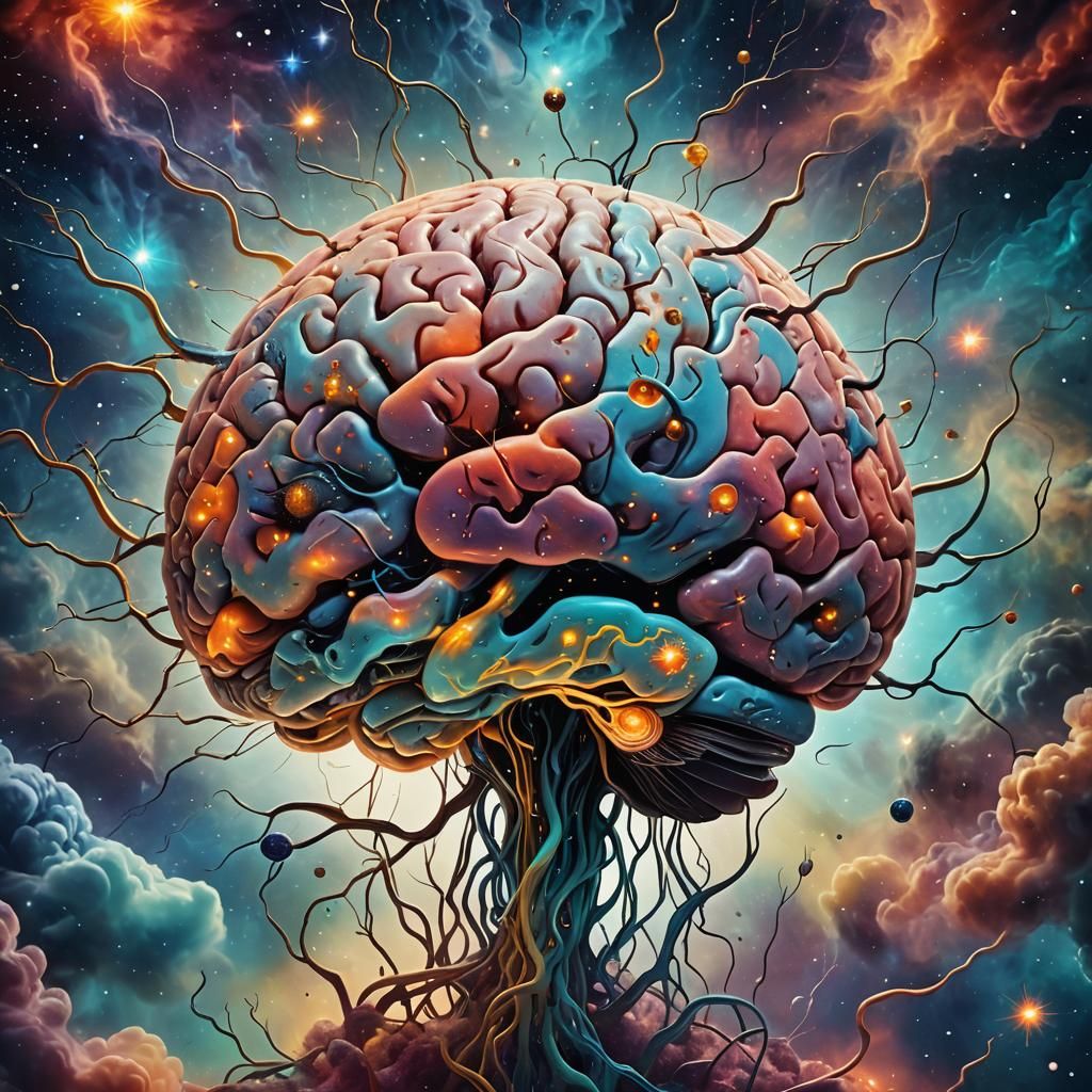 Surreal Brain in Galaxy, Dreamlike Digital Art