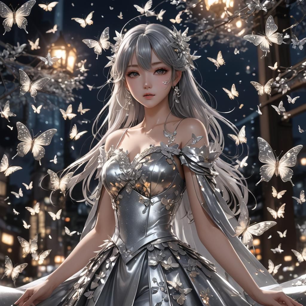 Nighttime view, an anime girl in silver dress gown, with oth...