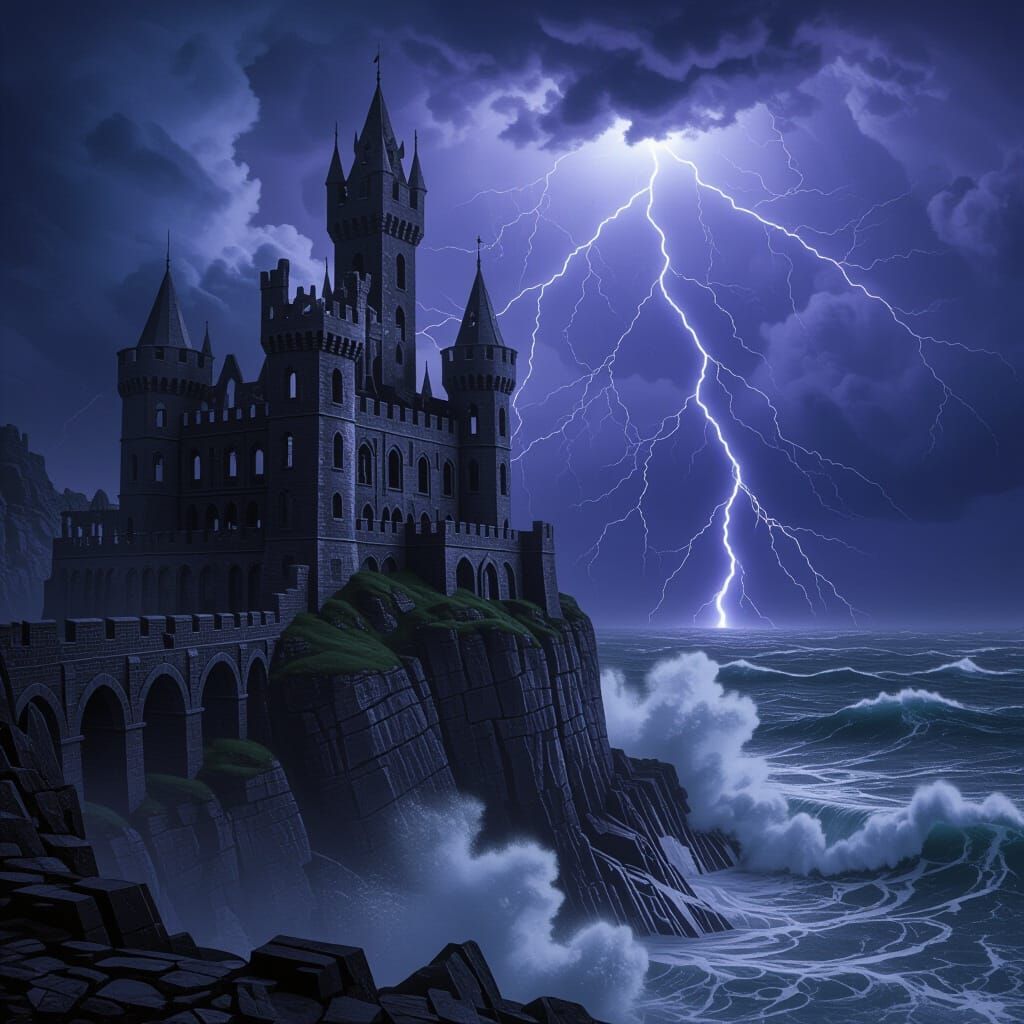 "A dramatic gothic fantasy digital illustration of an ancient, dilapidated castle perched precariously on a jagged, rocky cliff overlooking ...
