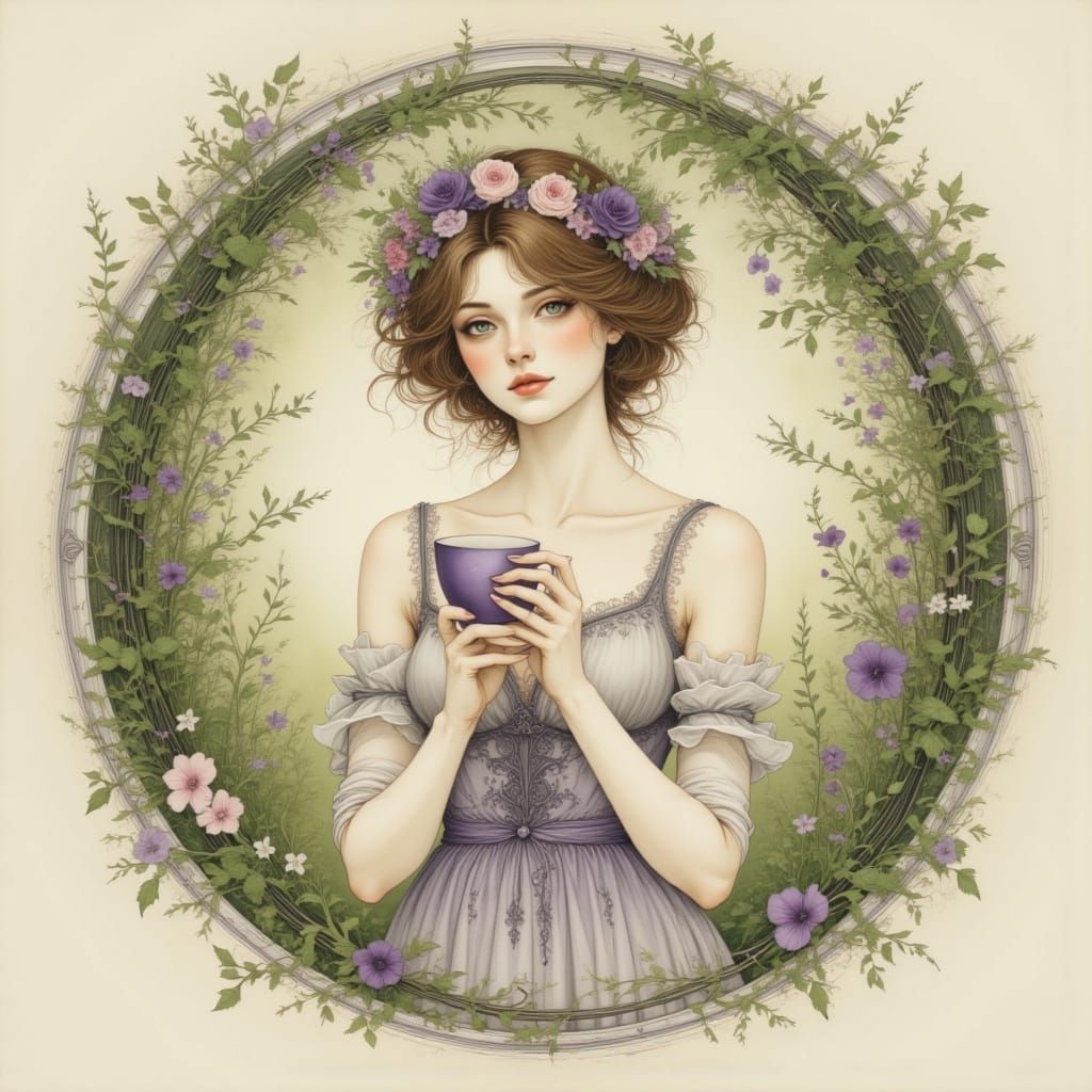 a circle unbroken around a purple teacup in the summer <lora:A Circle Unbroken:1.0> 