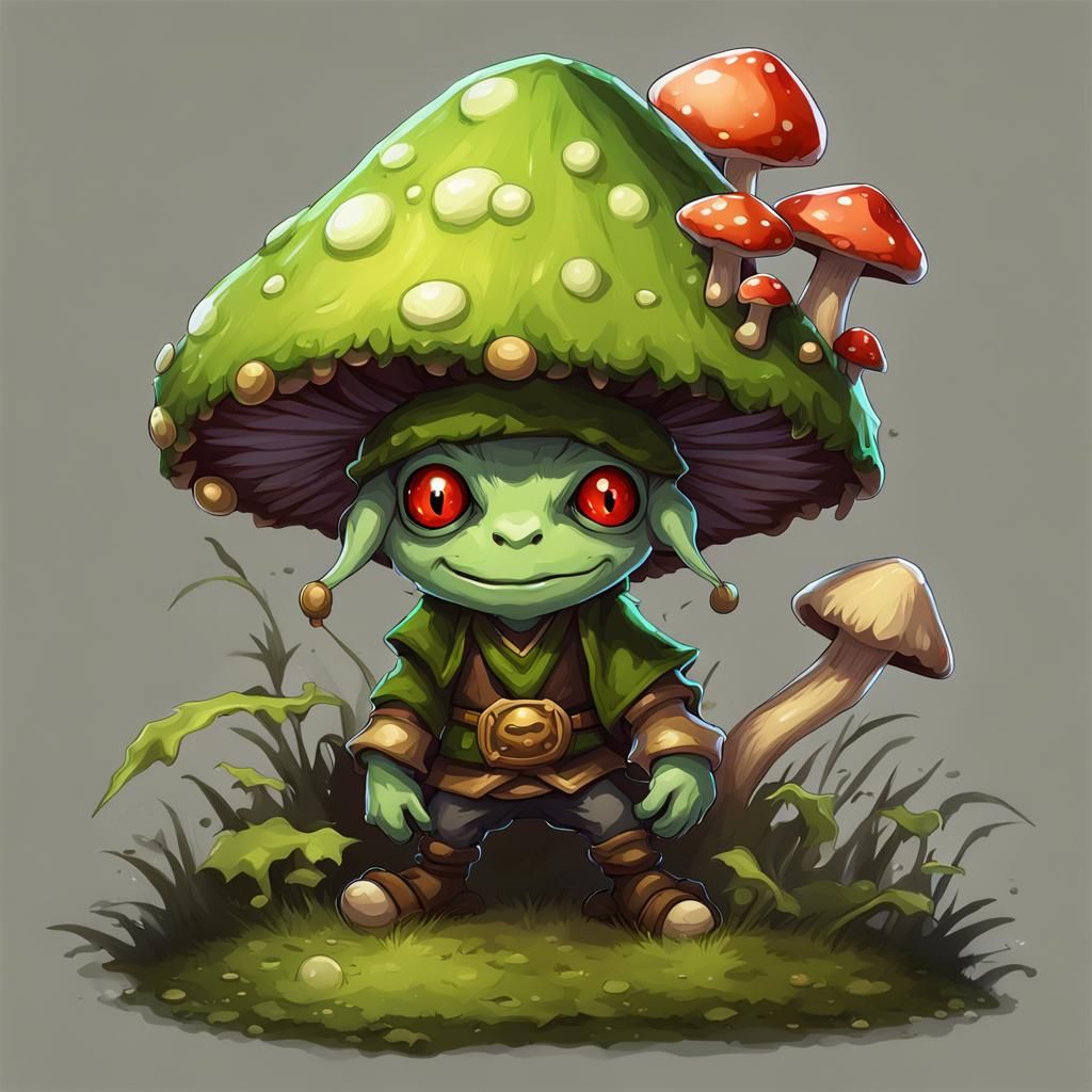 (Anime) (fantasy) benevolent goblin spore Druid mushroom hat