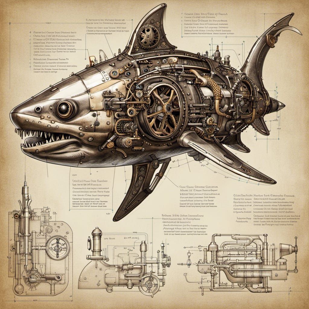 Detailed full schematics of a small mechanical shark invention. Programmed to defend swimming and surfing areas from real sharks.  by @Draconicvisions