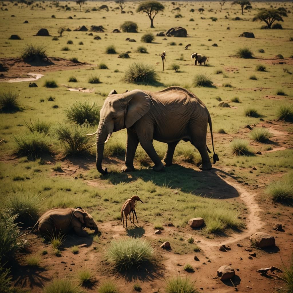 Tiny Elephant and Giant Ant on Savannah