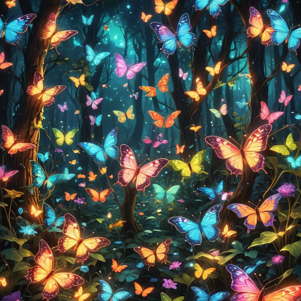 Bioluminescent butterfly in an enchanted forest"