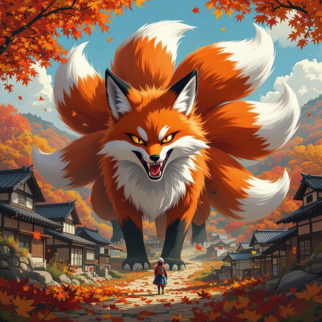 The nine tailed fox enormous towering over a village hidden in the leaves. Angry ready to attack dramatic Realistic image  