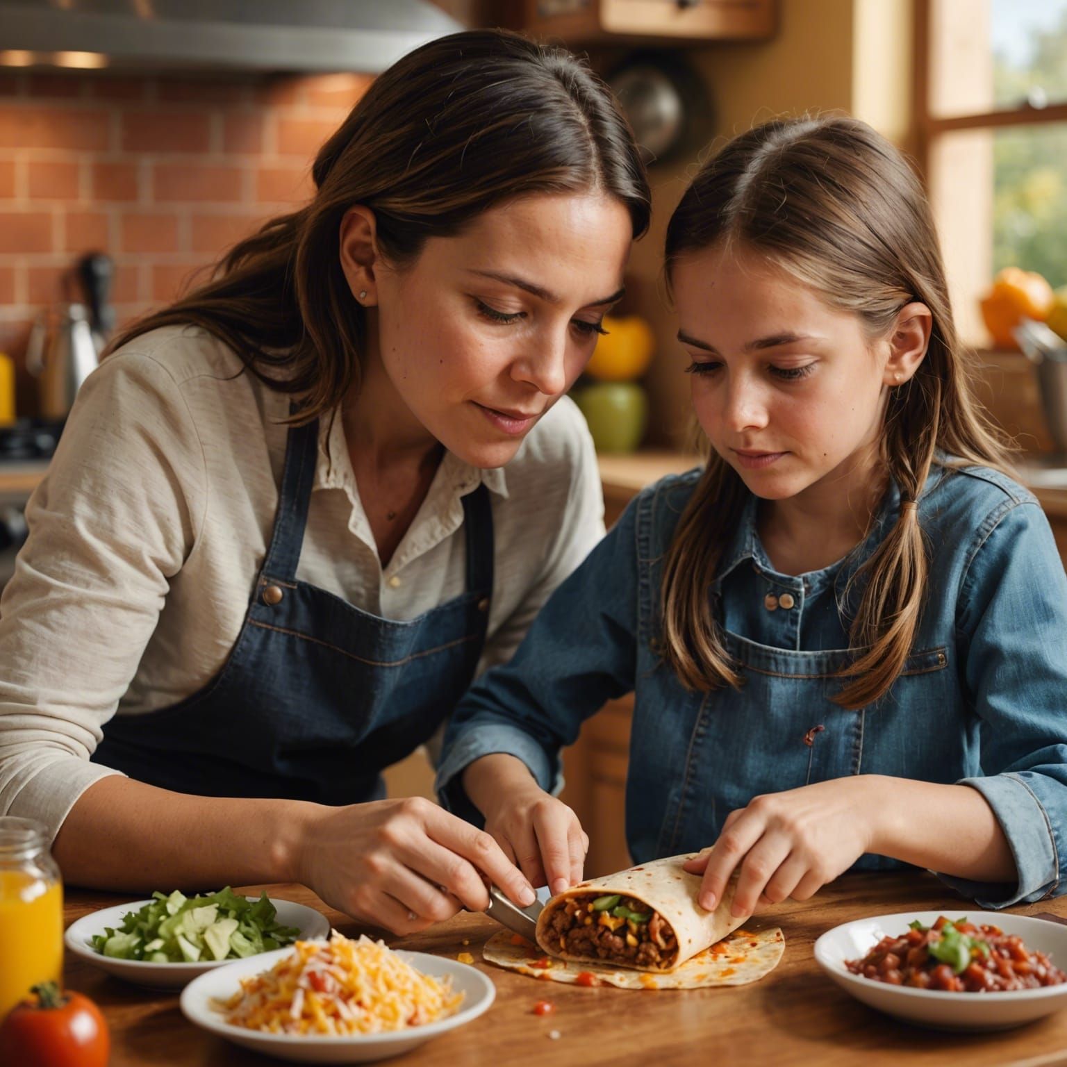 a high quality macro shot mother teaching daughter how to make burrito in the family kitchen  by @Dr_Strange